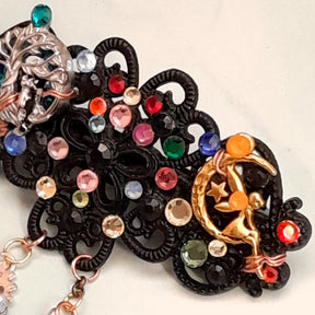 Magical fantasy black filigree hair barrette with fairy on crescent moon charm and rainbow Swarovski crystals, handmade Victorian style vintage style boho