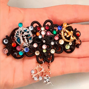 One-of-a-kind magical fantasy black barrette with multicolor rainbow Austrian crystals, fairy and steampunk gear charms, handmade Victorian style vintage style