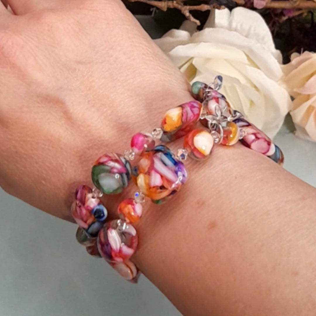 Multicolor rainbow stretch bracelet with fairy charms and Swarovski crystals, Victorian style vintage style handmade fantasy jewelry