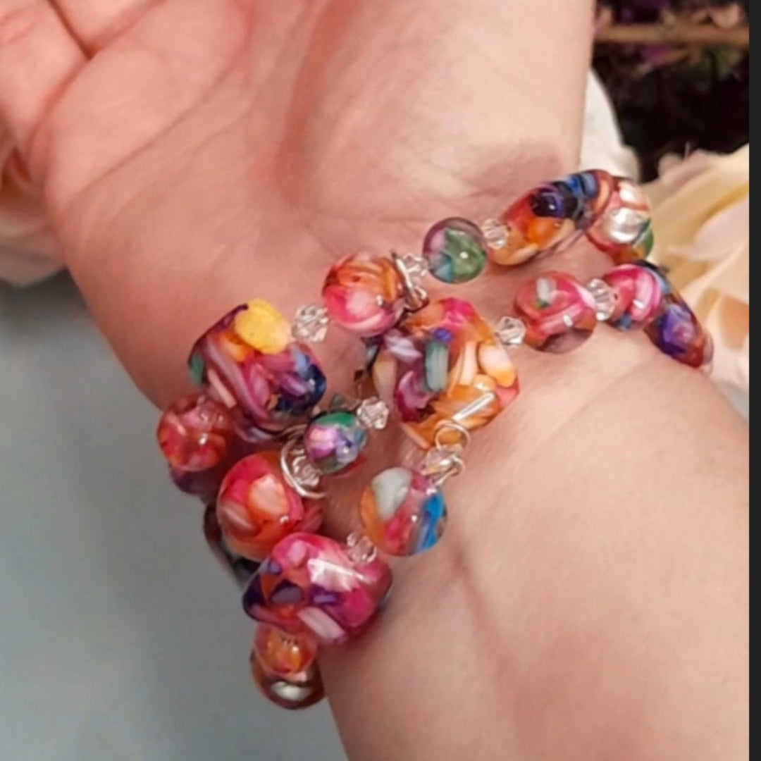 Rainbow fairy beaded stretch bracelet info graphic – one of a kind handmade fantasy jewelry, Victorian style vintage style