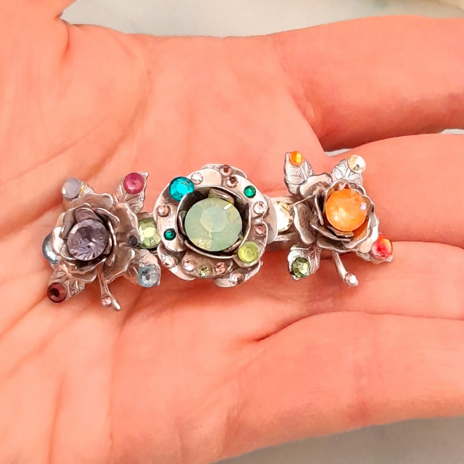 One-of-a-kind magical fantasy colorful floral hair clip with multicolor rainbow Austrian crystals in silver rose design, handmade Victorian style vintage style