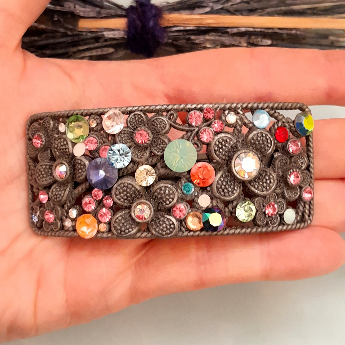 One-of-a-kind magical fantasy floral barrette hair clip with rainbow crystals, handmade Victorian style vintage style boho hair accessory

