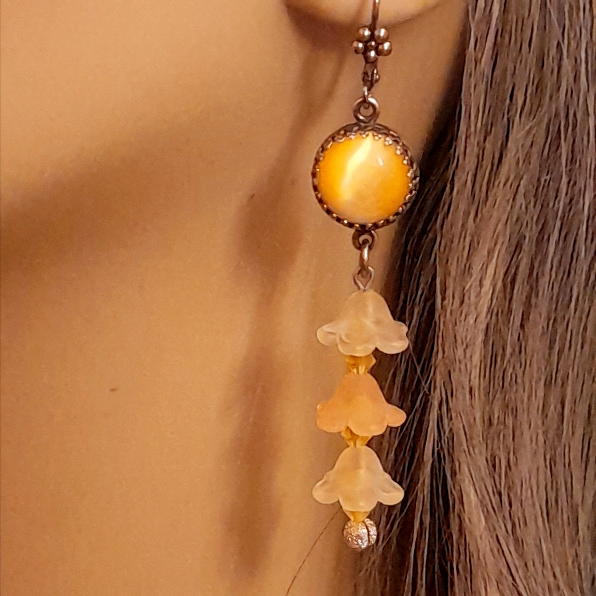 Magical fantasy Victorian style vintage style flower long dangle yellow Swarovski crystal earrings handmade in Long Island NY