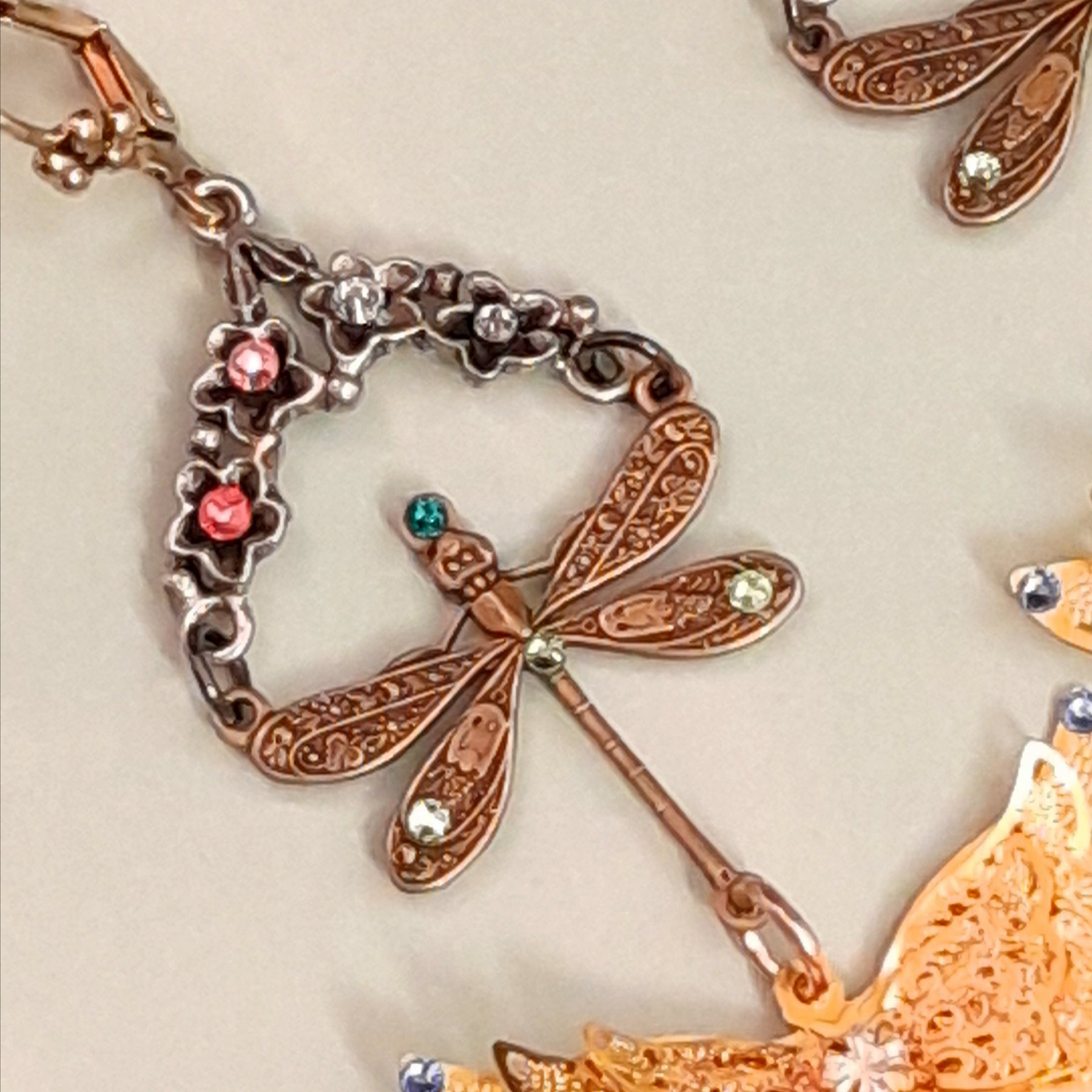 Handmade Victorian style vintage style gold tone butterfly earrings with dragonfly and Swarovski crystals