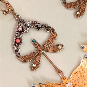 Handmade Victorian style vintage style gold tone butterfly earrings with dragonfly and Swarovski crystals