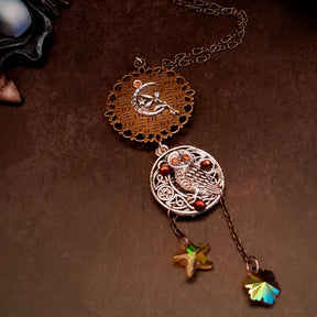 bohemian necklace moon and sunn cabochon owl and yellow crystal star and flower