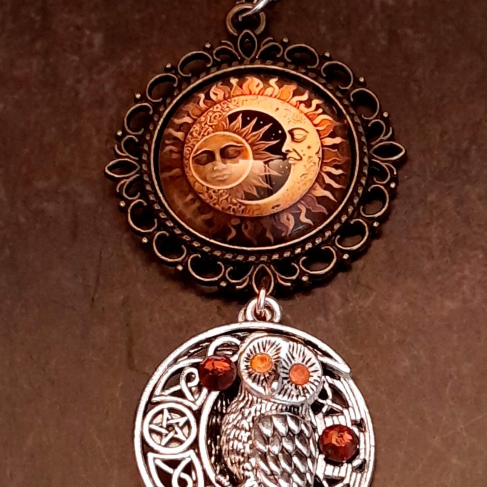 bohemian necklace moon and sunn cabochon owl and yellow crystal star and flower