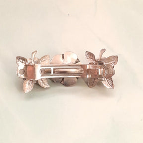Back view of handmade magical fantasy silver rose flower hair clip barrette with rainbow Swarovski crystals, Victorian 