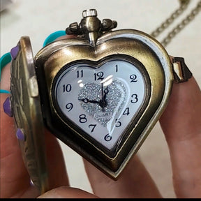 Magical handmade heart pocket watch necklace open face view with purple lavender crystals, vintage style Victorian fantasy jewelry