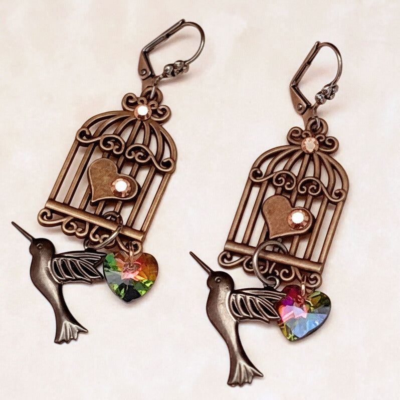 Dangle Earrings Birdcage |Hummingbird Hearts