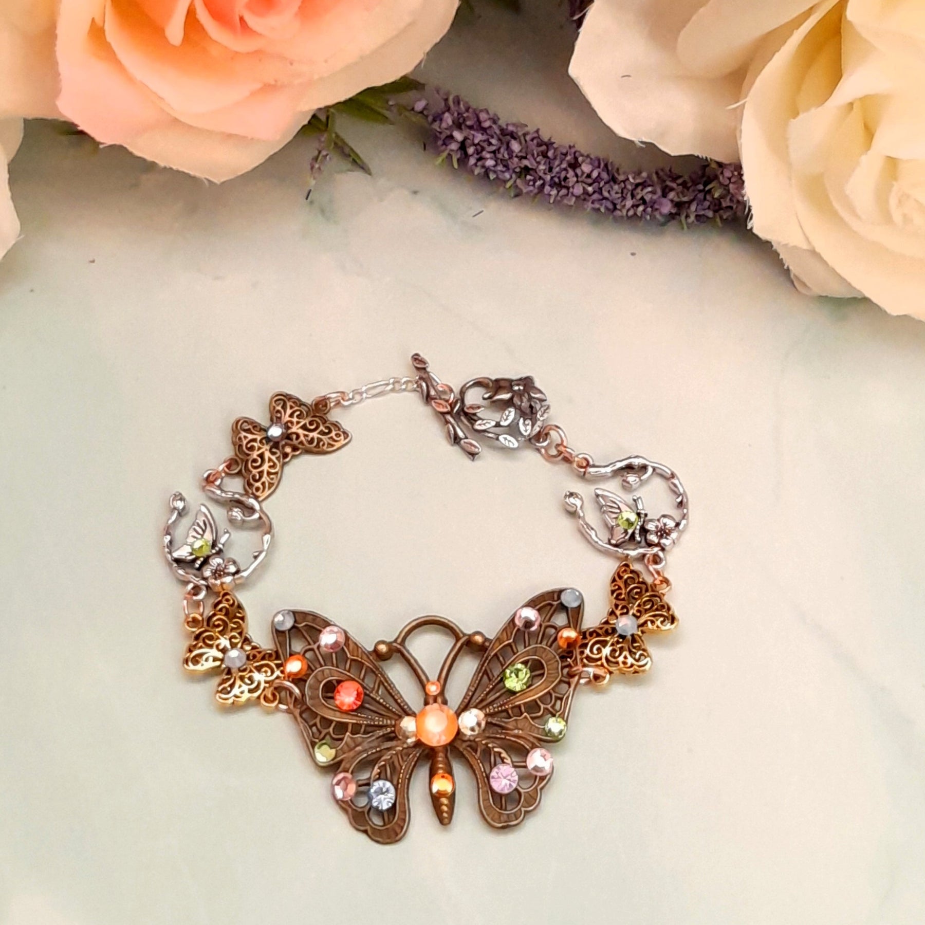 Magical fantasy Victorian style vintage style large butterfly bracelet with colorful rainbow Swarovski crystals