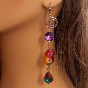Magical rainbow multicolor long dangle earrings handmade fantasy Victorian style vintage style Swarovski crystal jewelry