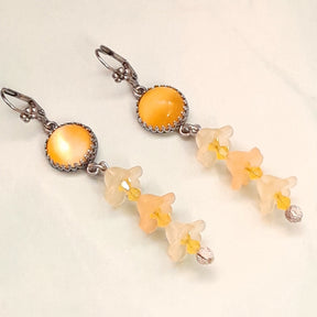 Handmade Victorian style vintage style long dangle yellow Swarovski crystal earrings with cat's eye stone

