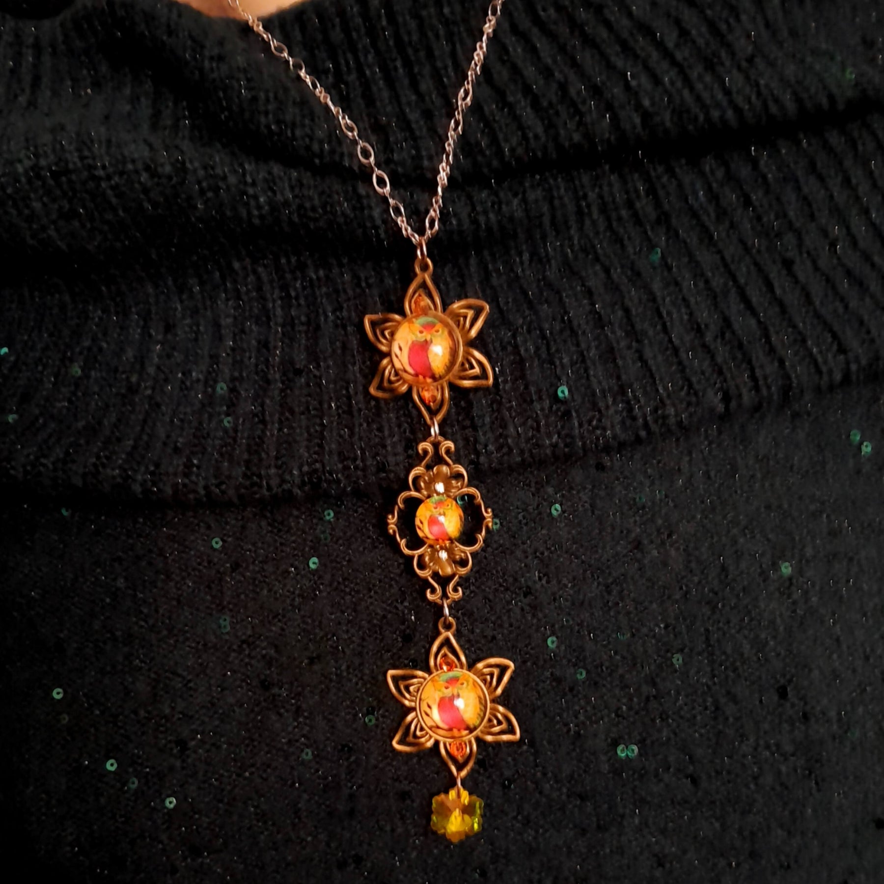 necklace with 3 owl cabochons with yellow backgrounds and Yellow Swarovski crystals