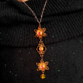 necklace with 3 owl cabochons with yellow backgrounds and Yellow Swarovski crystals