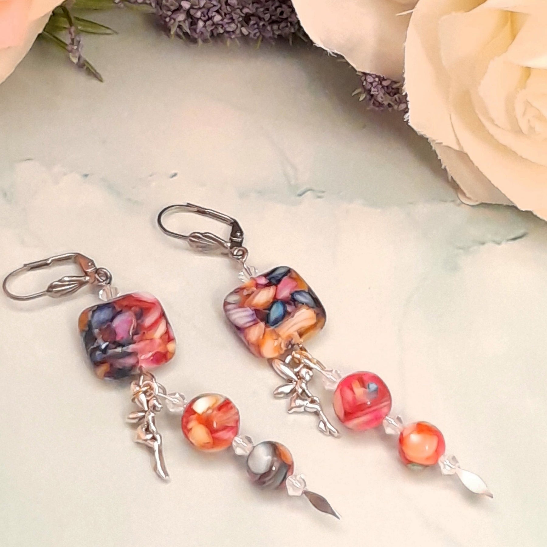Long colorful rainbow bead fairy dangle earrings magical Victorian style vintage style Swarovski crystals