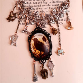 fairytale crow necklace witch hat spinning wheel cauldron mirror broom pumpkin carraige magic lamp