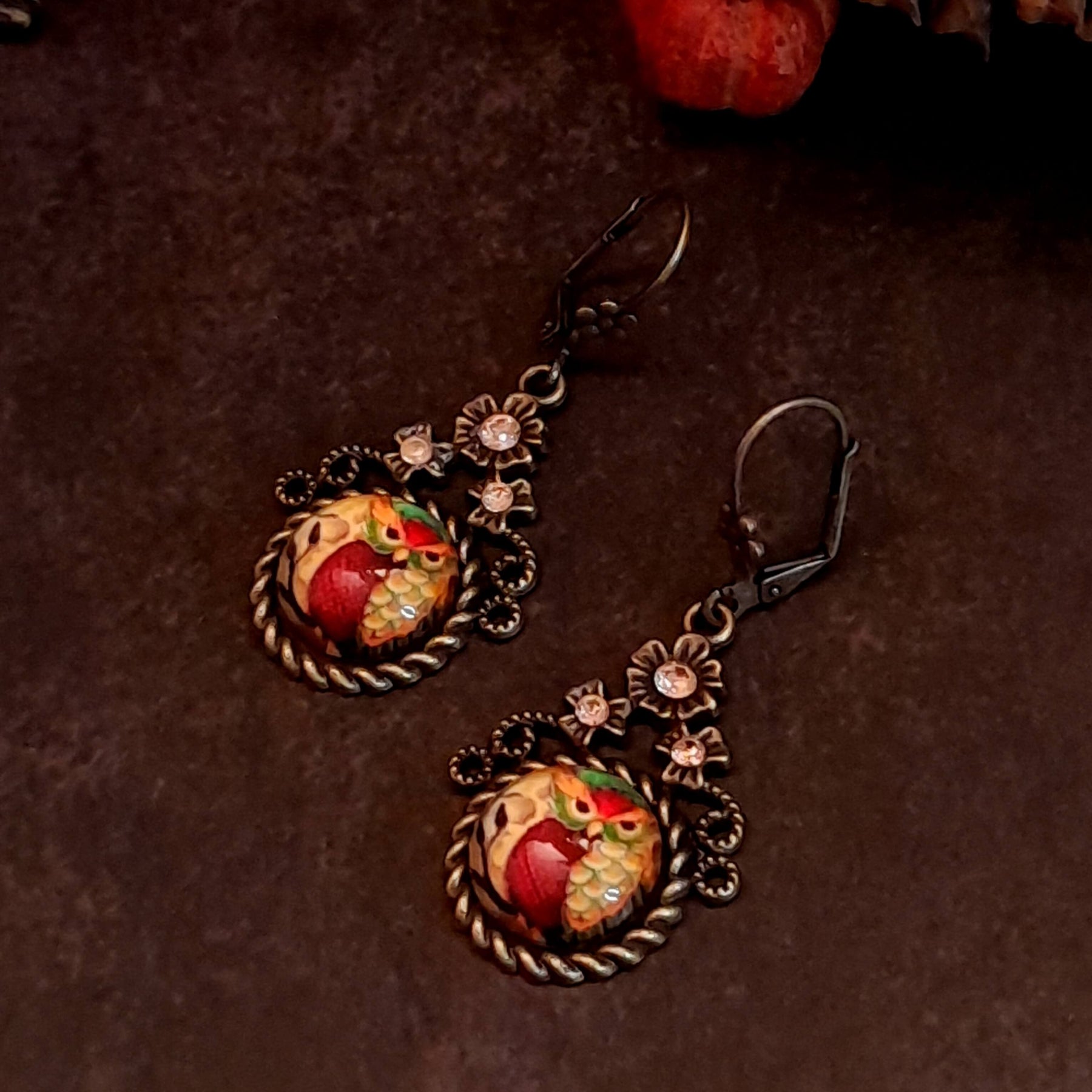small earrings victorian vintage style with owl cabochins and swarovski crystals