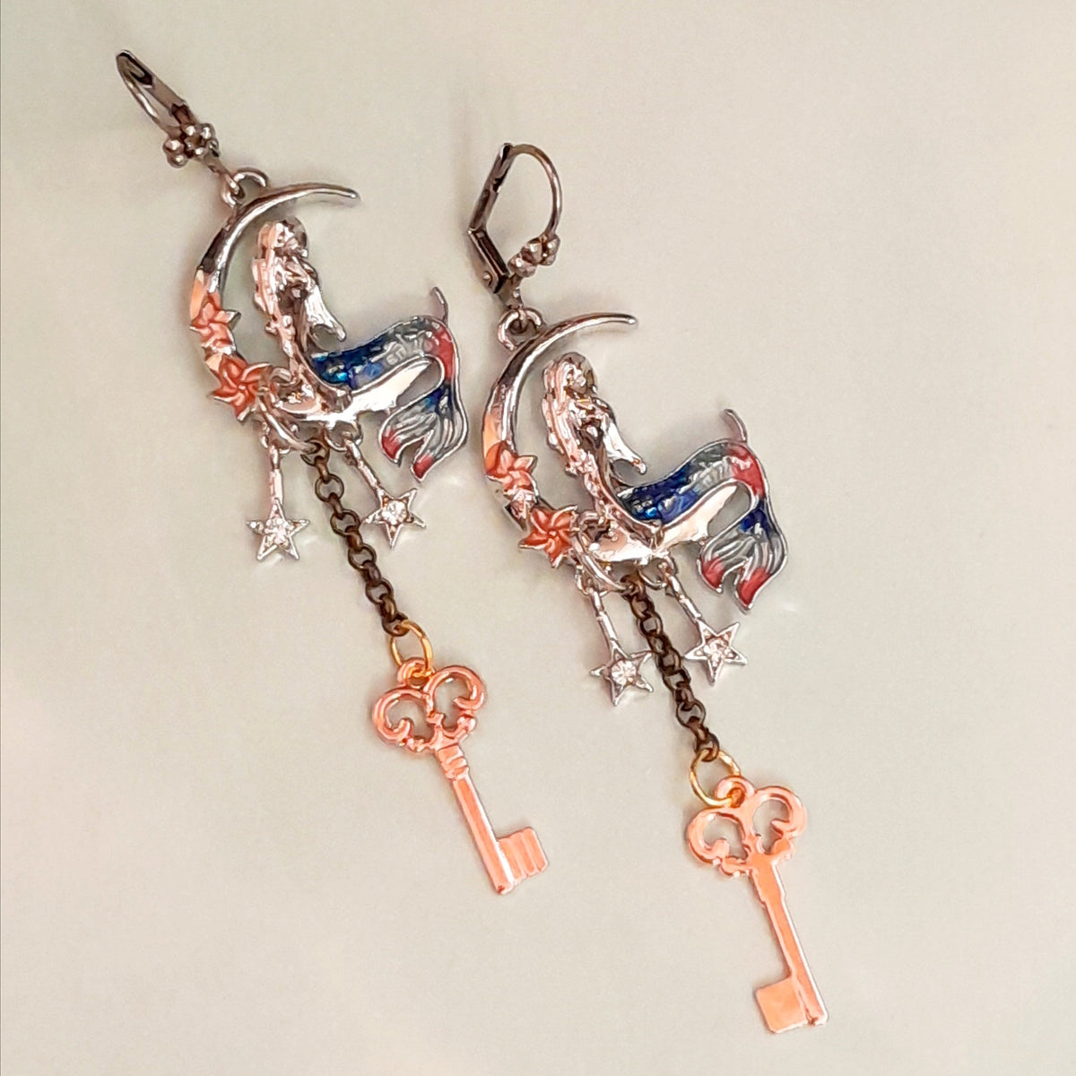 Handmade Victorian style vintage style mermaid moon dangle earrings with crystal star charms

