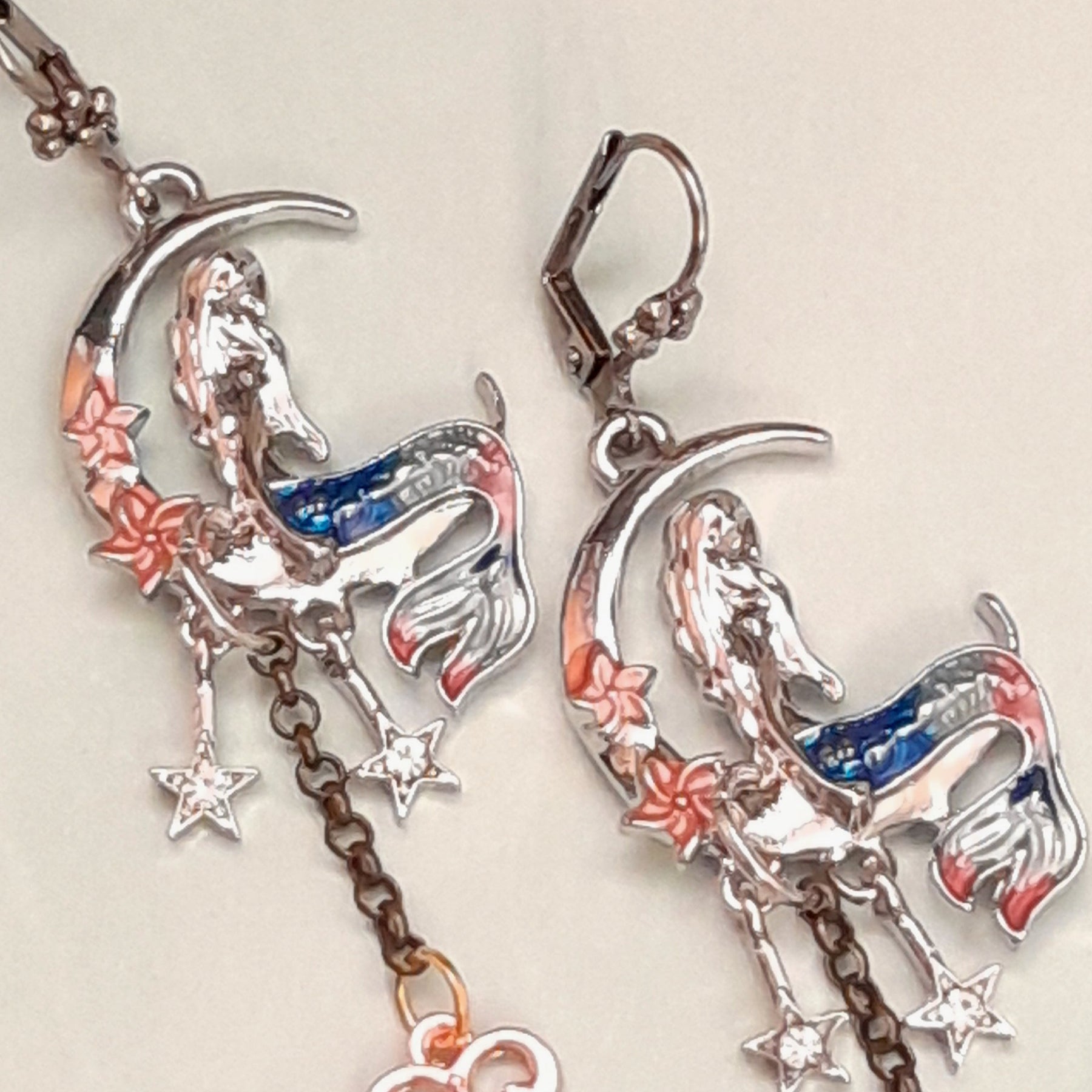 Magical fantasy Victorian style vintage style long mermaid moon earrings with celestial star dangles