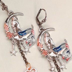 Magical fantasy Victorian style vintage style long mermaid moon earrings with celestial star dangles