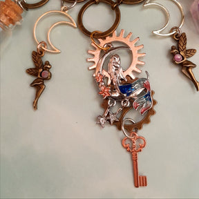 Bronze fairy charms with lavender stones and silver crescent moons on handmade magical mermaid necklace - Victorian style vintage style fantasy jewelry with swarovski crystals