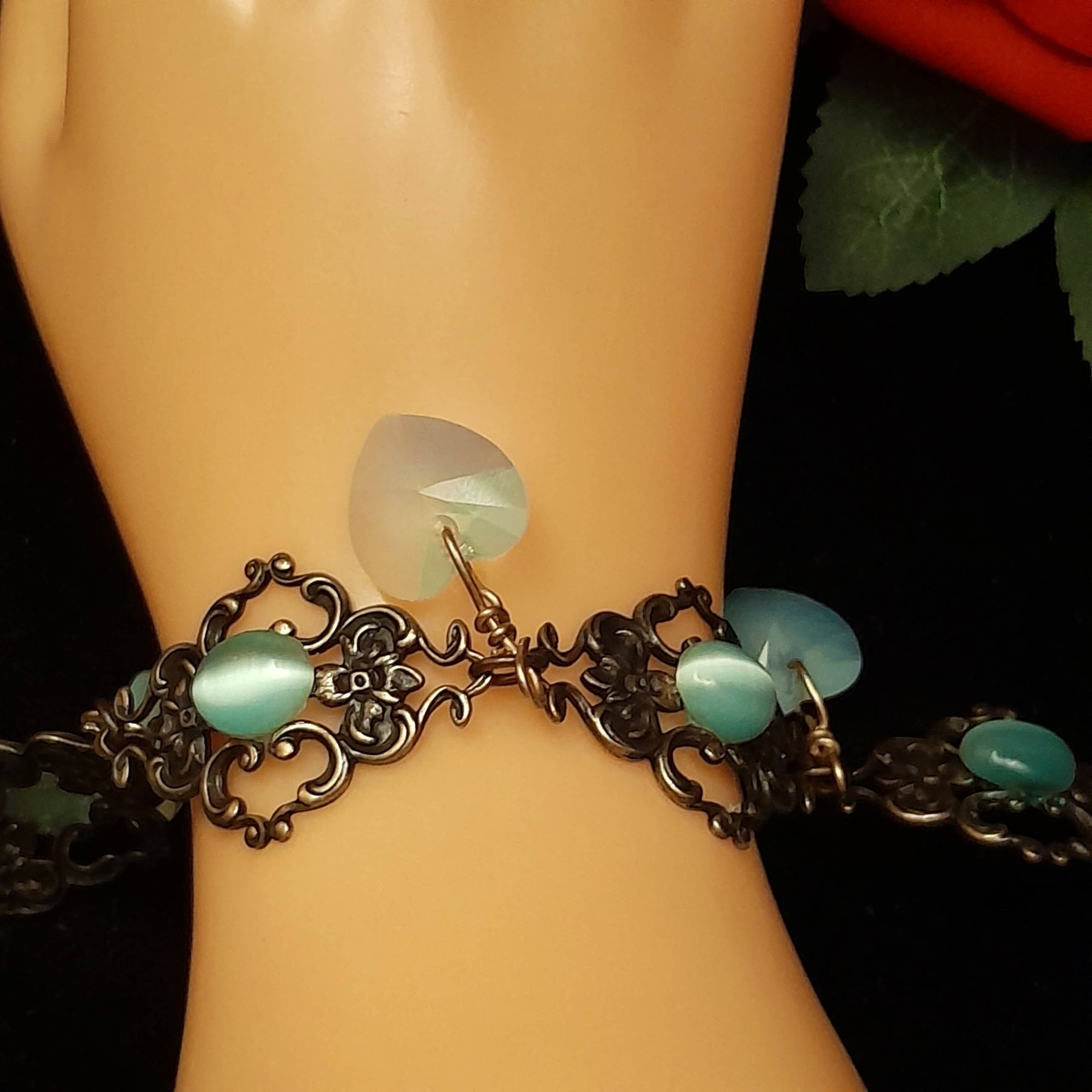 Heart Bracelet Green Crystals |Victorian Style