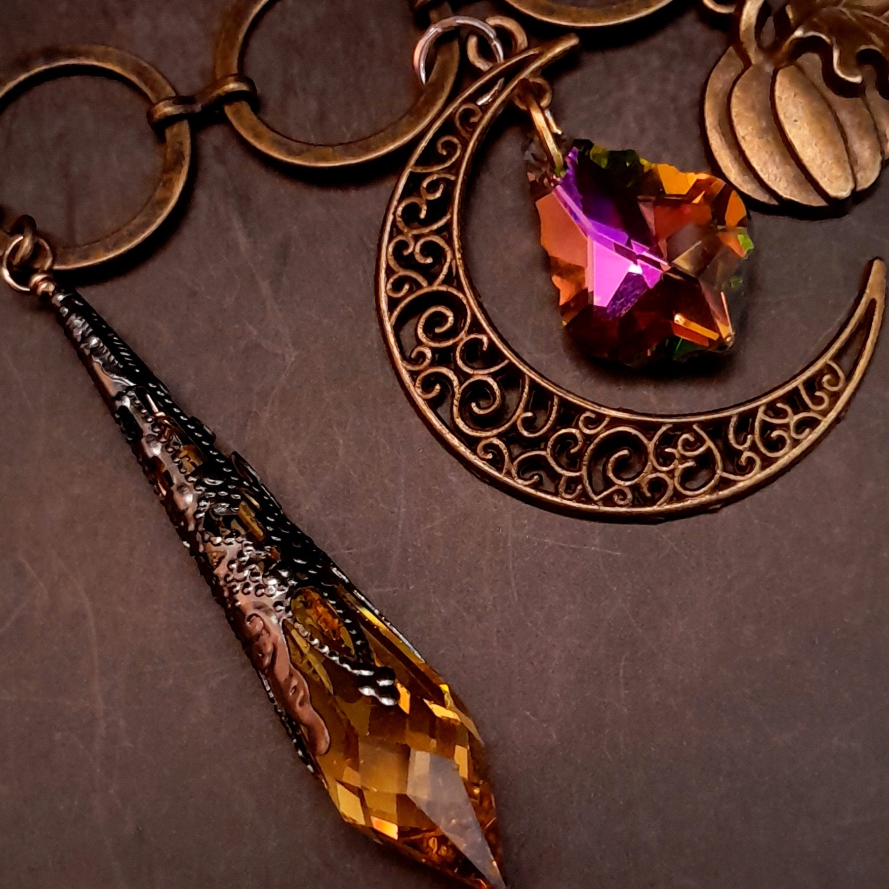 statement necklace with pumpkins dragon leaves brass filigree moon baroque crystals and swarovski yellow icicle crystal round links unique chain 