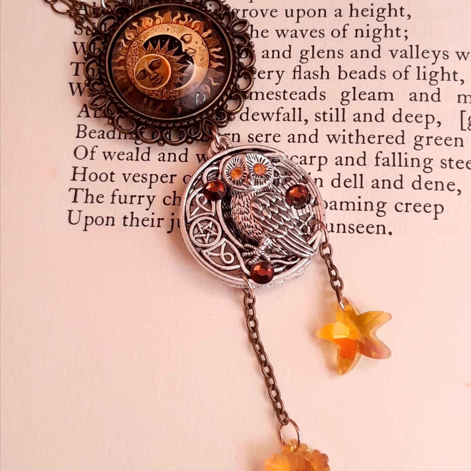 bohemian necklace moon and sunn cabochon owl and yellow crystal star and flower