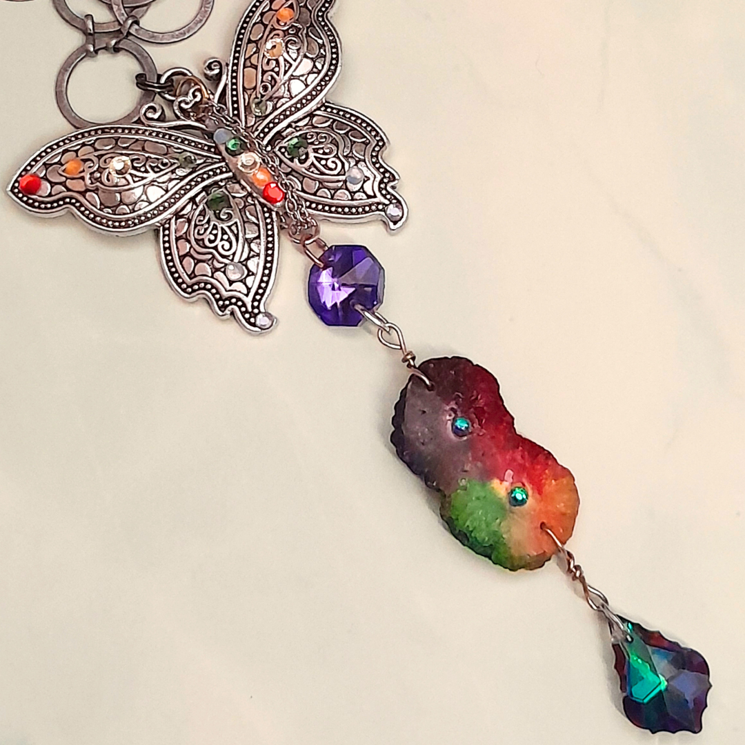 One-of-a-kind handmade magical fantasy butterfly rainbow necklace with bold antiqued silver chain, Swarovski crystals, Victorian style vintage style boho