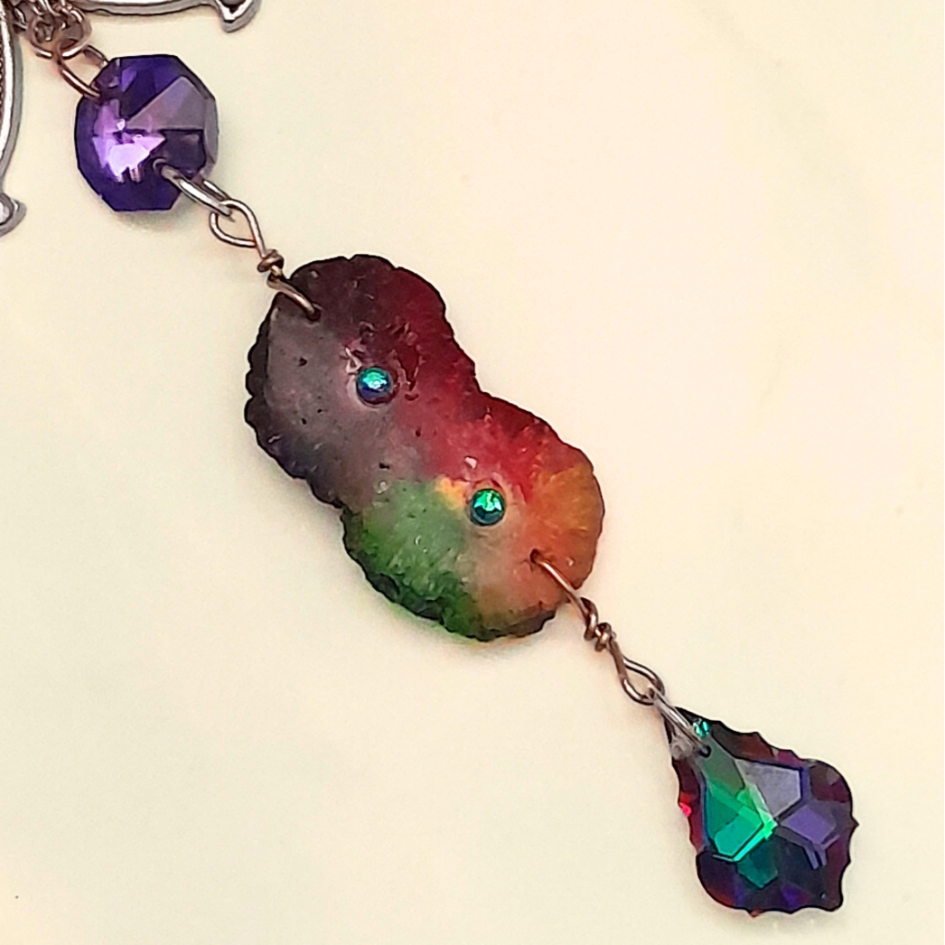 Magical fantasy large filigree butterfly necklace with rainbow stone and Swarovski crystals, full length view, handmade Victorian style vintage style jewelry