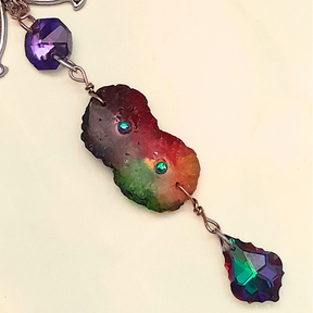 Magical fantasy large filigree butterfly necklace with rainbow stone and Swarovski crystals, full length view, handmade Victorian style vintage style jewelry