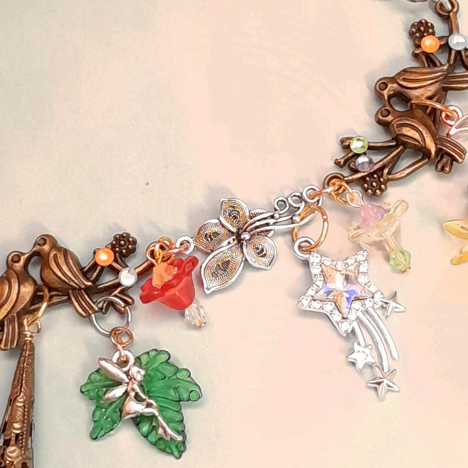 Magical fantasy nature bird necklace with rainbow Swarovski crystals and fairy details, handmade Victorian style vintage style boho jewelry