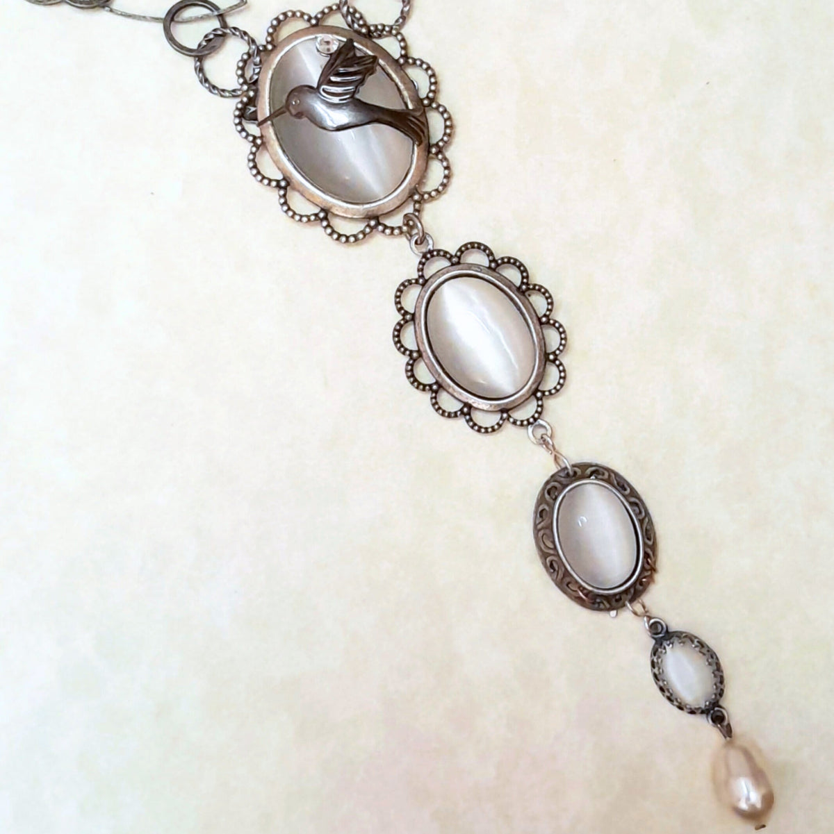 White Cat's Eye Hummingbird Necklace