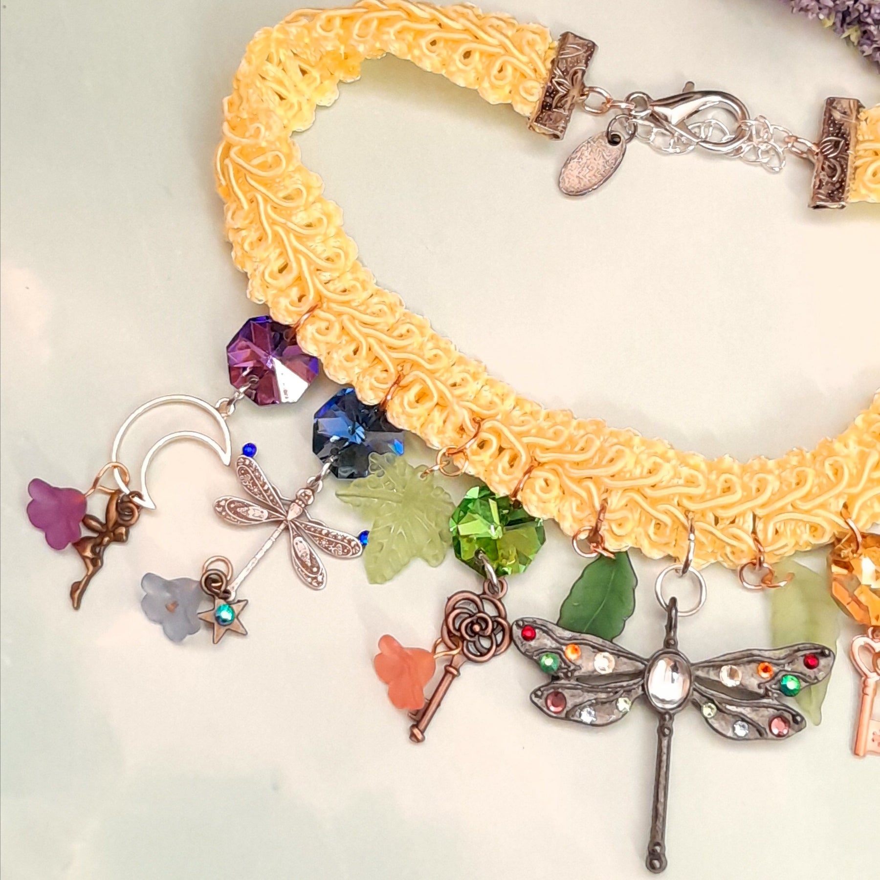 Swarovski crystal, rainbow necklace, dragonflies, fairies, flowers, bohemian style, magical fantasy