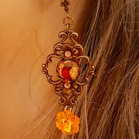 victorian vintage style dangle drop earrings with owl cabochons and yellow flower crystals