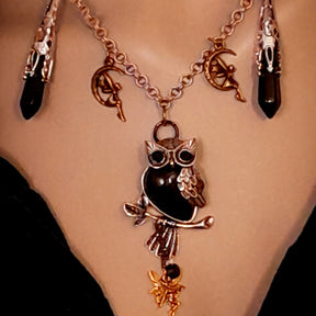 owl necklace black crystals fairies magical fantasy rachel flam design 