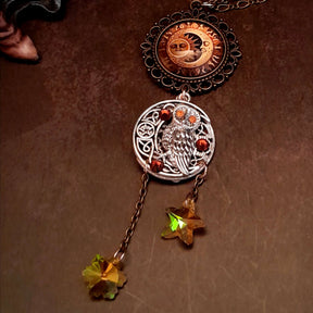 bohemian necklace moon and sunn cabochon owl and yellow crystal star and flower