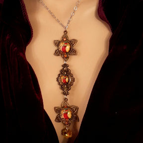 necklace with 3 owl cabochons with yellow backgrounds and Yellow Swarovski crystals