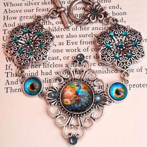Turquoise Peacock Bracelet Boho Vintage Style colorful peacock eyes swarovski turquoise crystals flower clasp with crystal