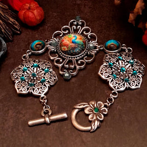 Turquoise Peacock Bracelet Boho Vintage Style colorful peacock eyes swarovski turquoise crystals flower clasp with crystal