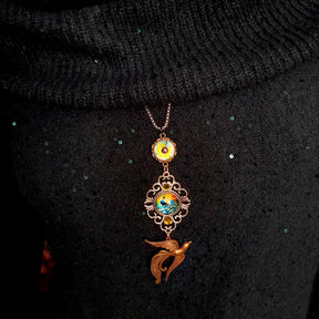 peacock cabochon peacock eye magical phoenix swarovski volcano and peridot crystals hidden fairies on the back