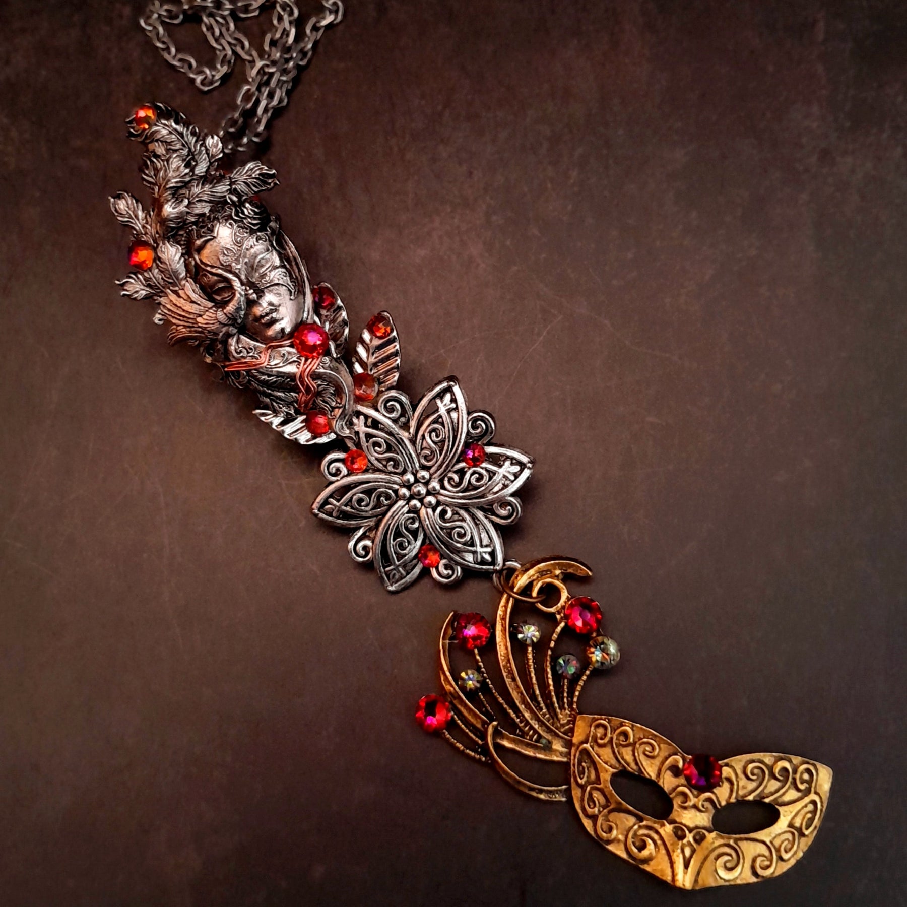 necklace with peacock mask ornate flower and swarovski crystals