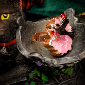 Adjustable Ring Pink Geode Hummingbird