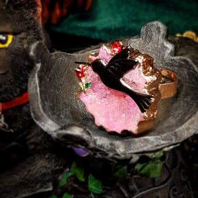 Adjustable Ring Pink Geode Hummingbird