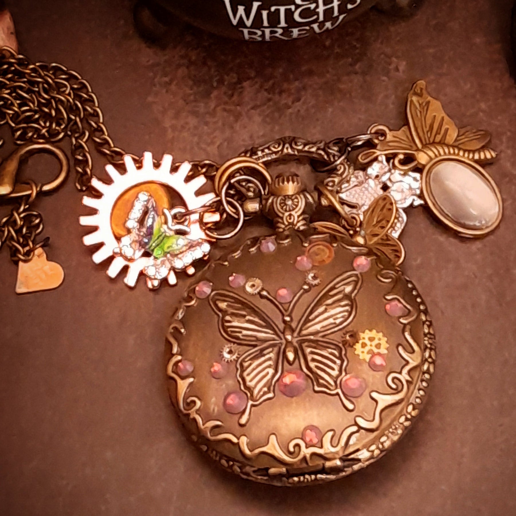  Handmade magical steampunk pocket watch necklace with lavender Swarovski crystals and butterfly charm, Victorian vintage style fantasy jewelry