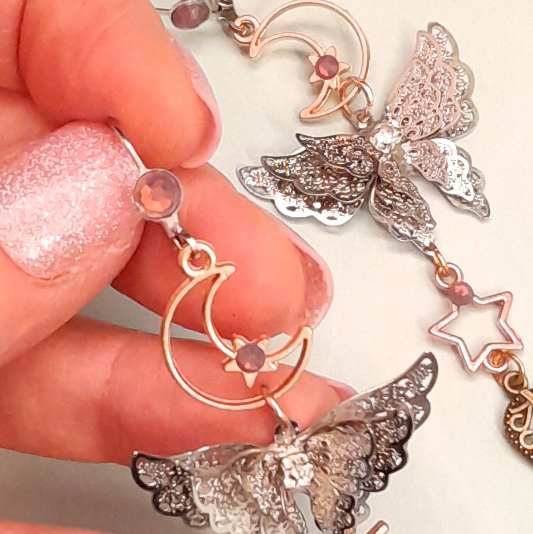 Purple crystal moon butterfly dangle earrings magical Victorian style vintage style handmade Swarovski crystals