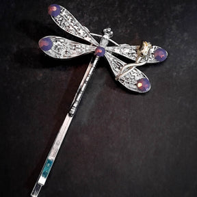 dragonfly hairclip with swarovski amethyst opal purple crystals and a small flower accent