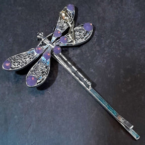 dragonfly hairclip with swarovski amethyst opal purple crystals and a small flower accent