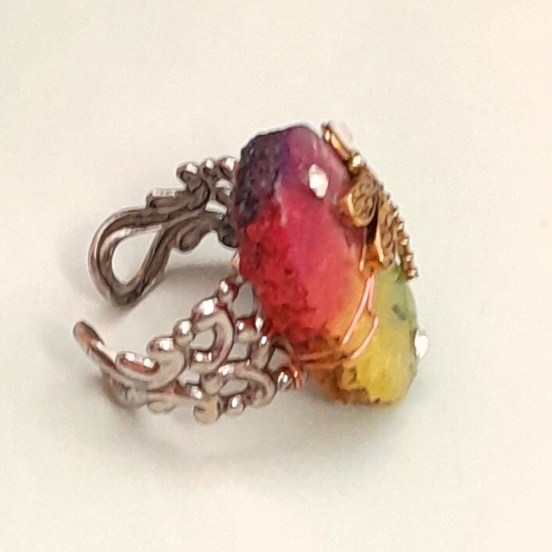 Magical fantasy adjustable rainbow stone ring with dragonfly and Austrian crystal accents, handmade antiqued silver filigree, Victorian style vintage style jewelry